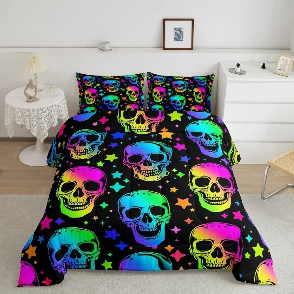 Halloween Comforter Skull Set Queen Sz